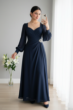 Vestido azul marino manga larga gasa C.1929