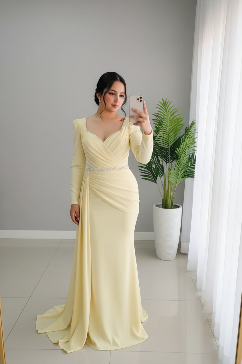 Vestido Sirena Amarillo Mantequilla con Cinturón de Cristales cod.V242