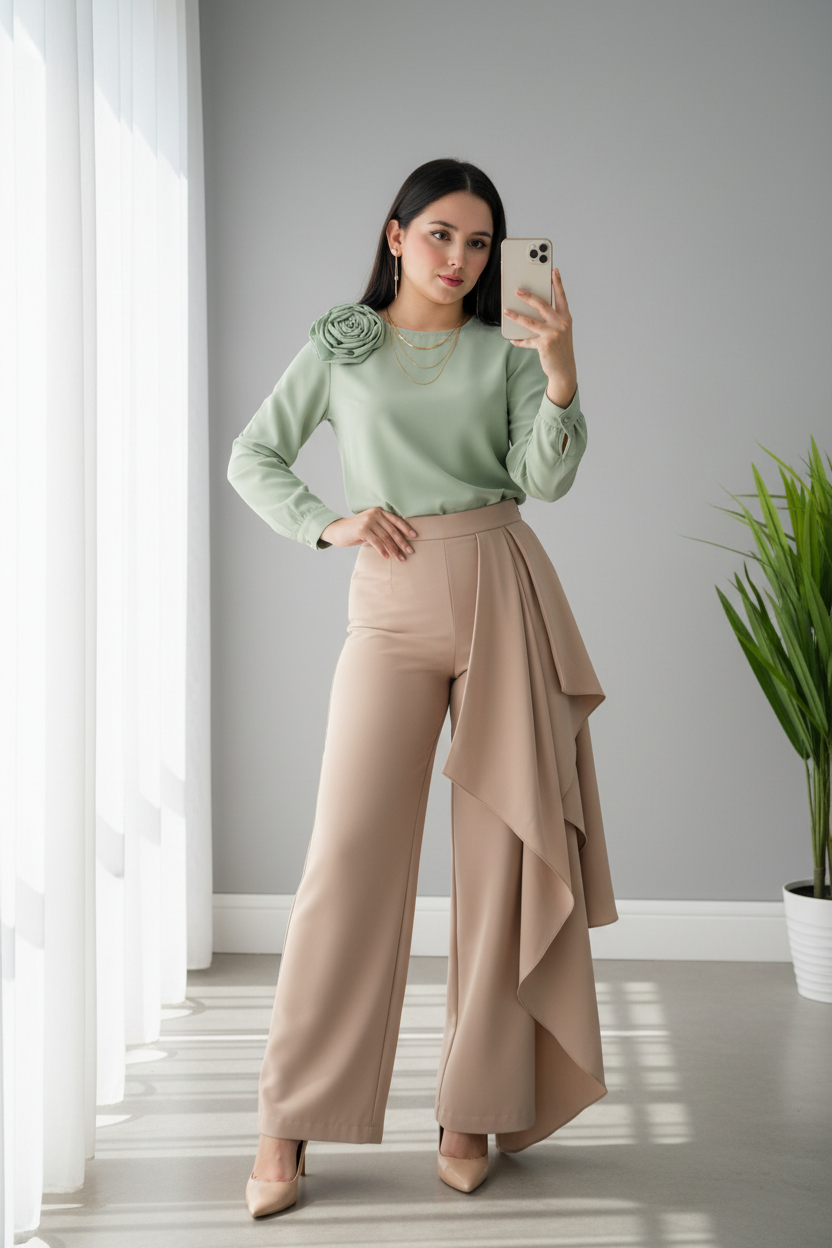 Conjunto Mint Rose & Beige Ruffle – Top Verde Menta Rosa 3D + Pantalón Palazzo Beige con Volantes cod.697