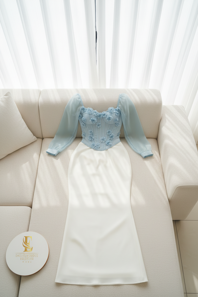 Conjunto Elegante: Corsé  Celeste con Flores 3D + Falda Blanca Sirena - Romántico cod.340