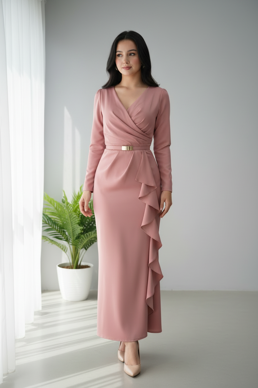 Vestido Midi Rosa Palo con Escote Cruzado y Volantes cod.V246