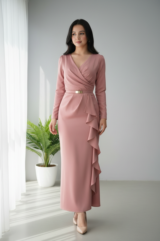 Vestido Midi Rosa Palo con Escote Cruzado y Volantes cod.V246