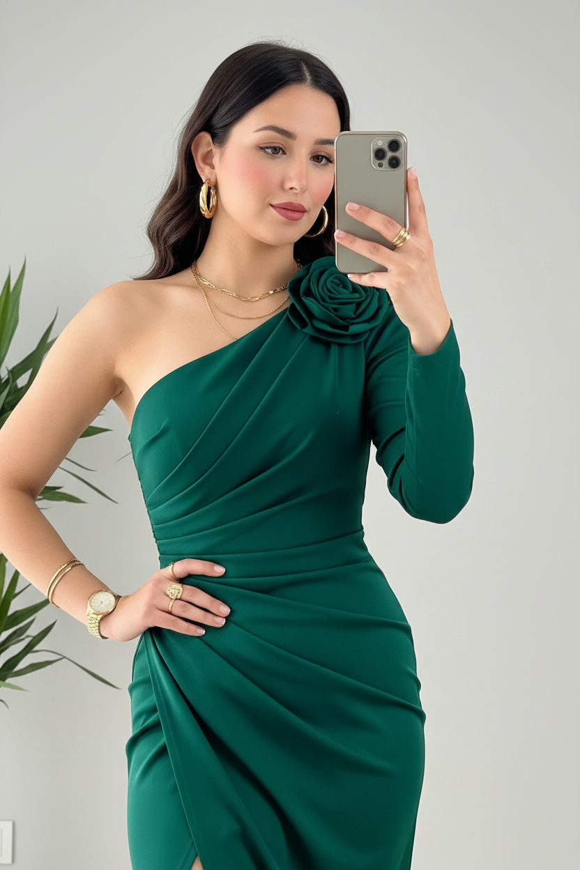 Vestido Verde Esmeralda Un Hombro con Rosa D cod.436