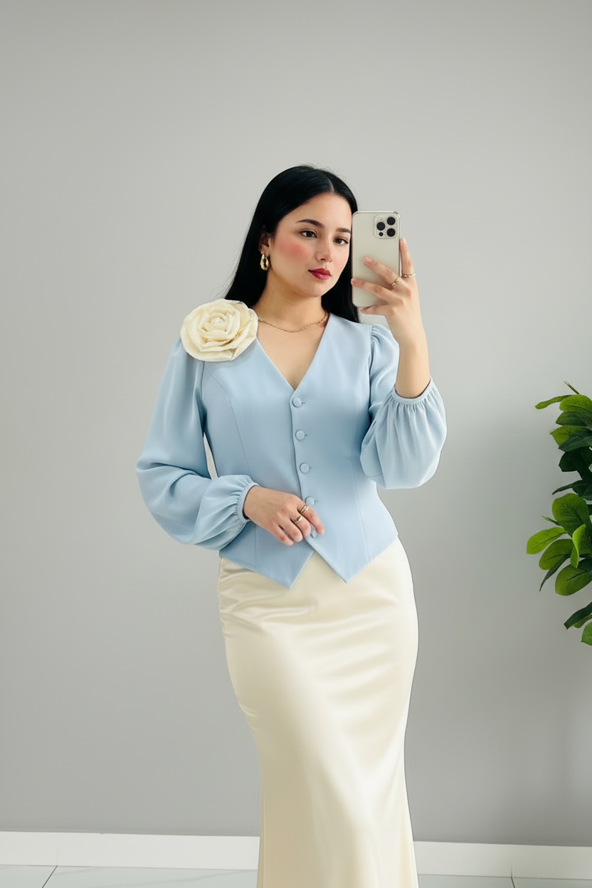 Conjunto Chaleco Azul Cielo con Rosa 3D y Falda Satinada Crema cod.389