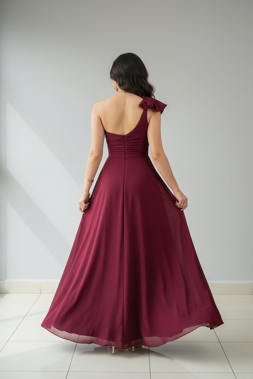 Vestido Largo Borgoña Un Hombro con Lazo y Abertura Frontal cod.423