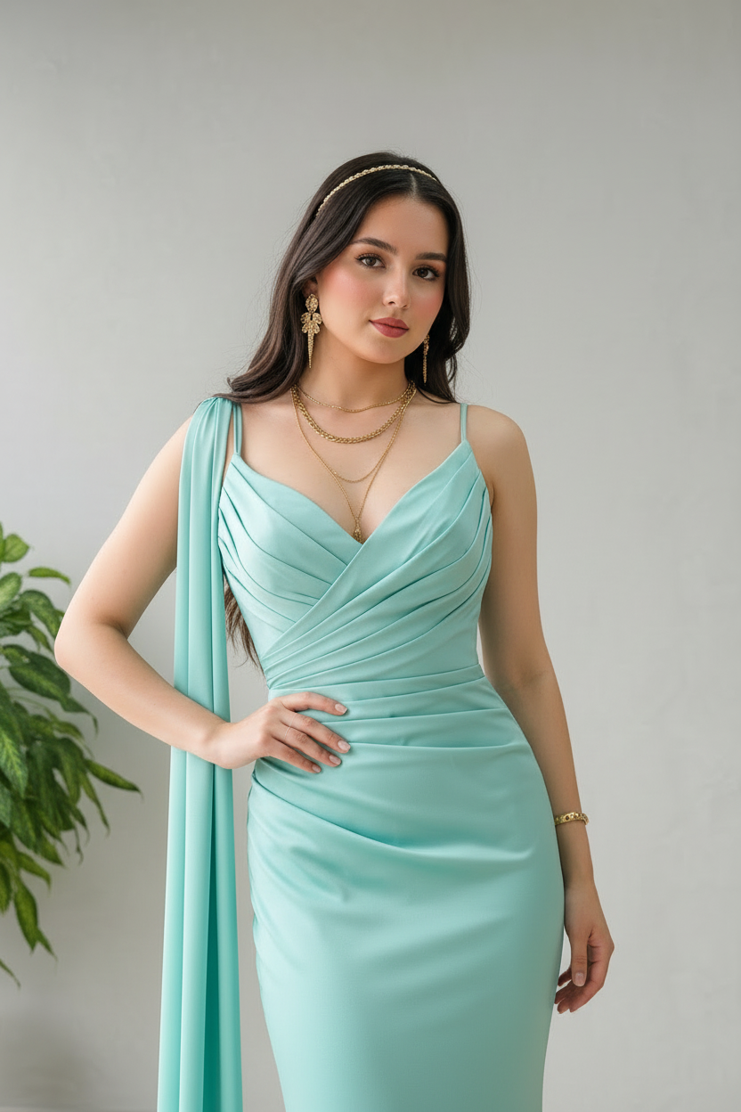 Vestido de Gala Verde Menta con Capa y Drapeado - Elegante Sirena Largo cod.354