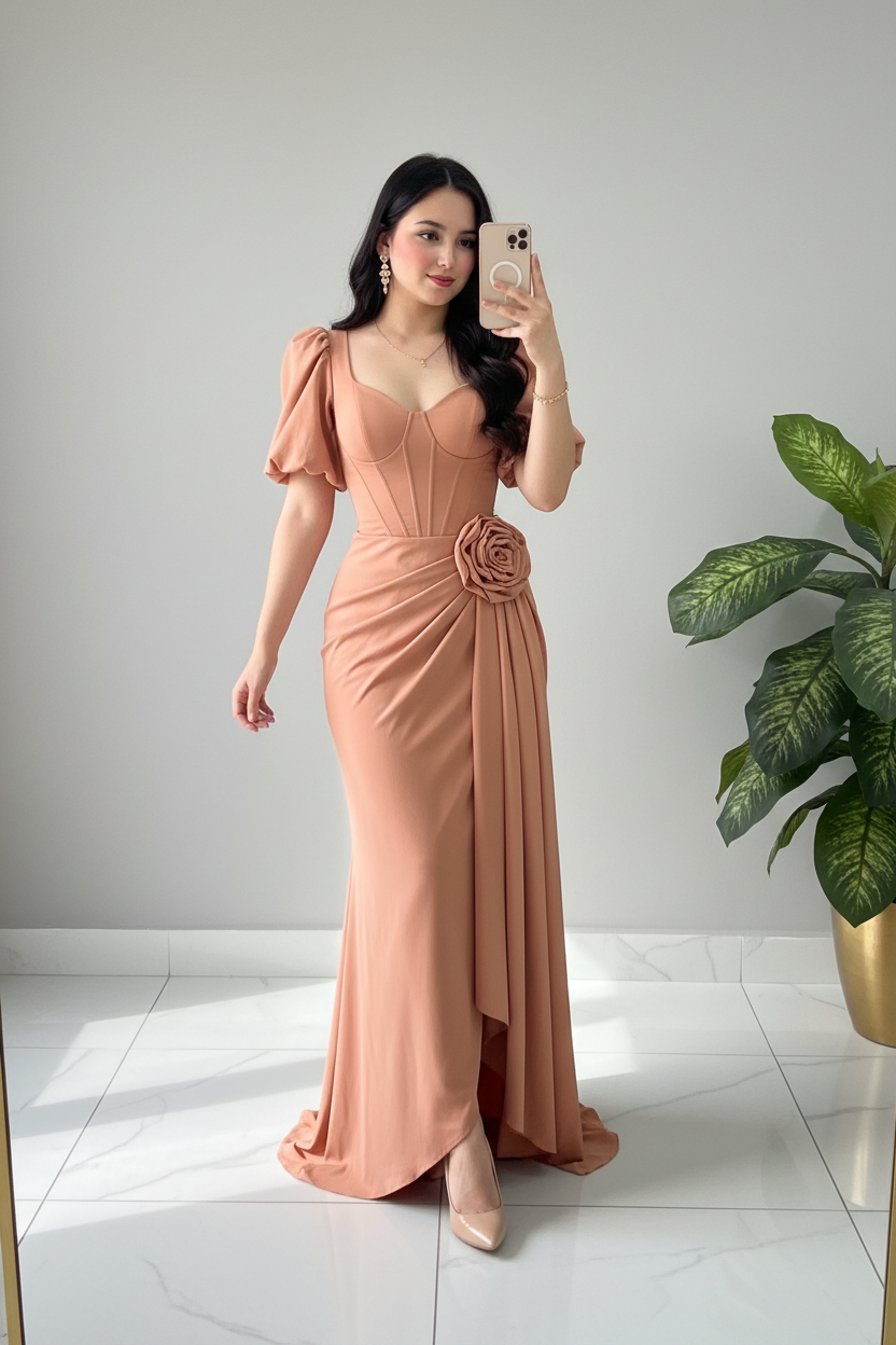 Vestido Terracota Corset con Mangas Globo y Rosa D cod.658