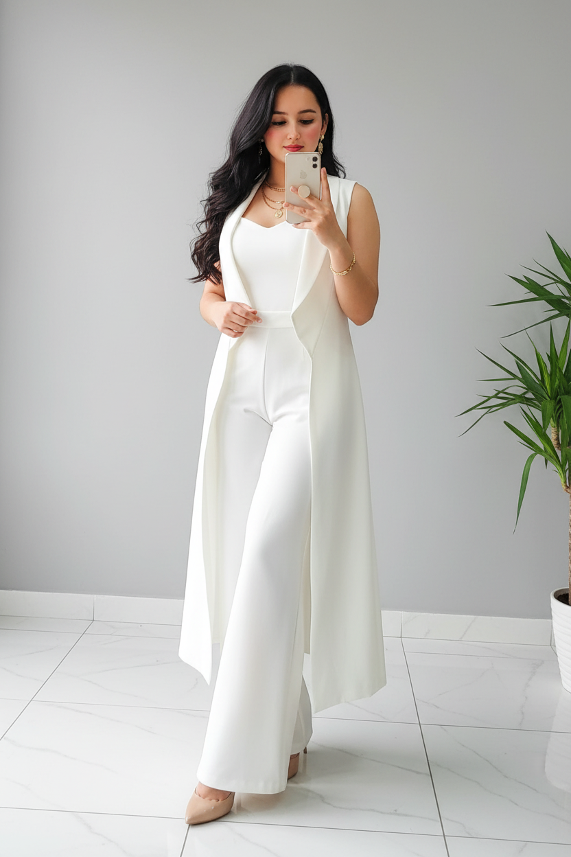 Conjunto White Duster – Top Sweetheart + Chaleco Largo + Pantalón cod.671