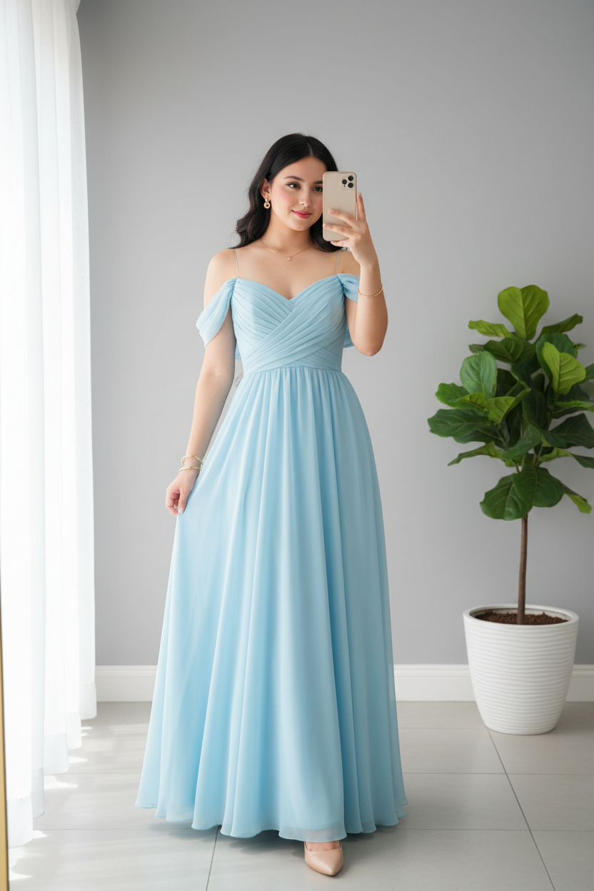 Vestido Azul Cielo Off-Shoulder Maxi Gasa cod.949