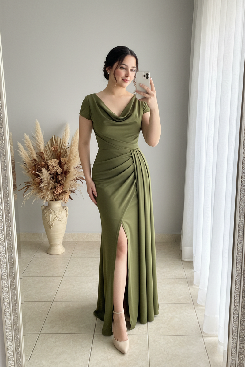 Vestido Sirena Verde Olivo | Drapeado Cruzado y Abertura cod.V439