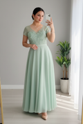 Vestido Verde Salvia — Floral 3D & Manga Corta cod.853