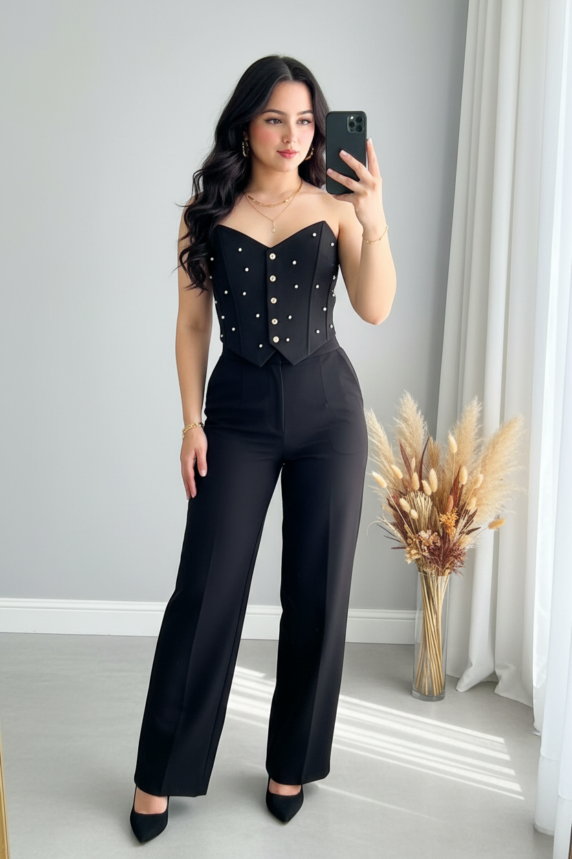 Conjunto Negro Corset con Perlas + Pantalón Wide-Leg cod.C783
