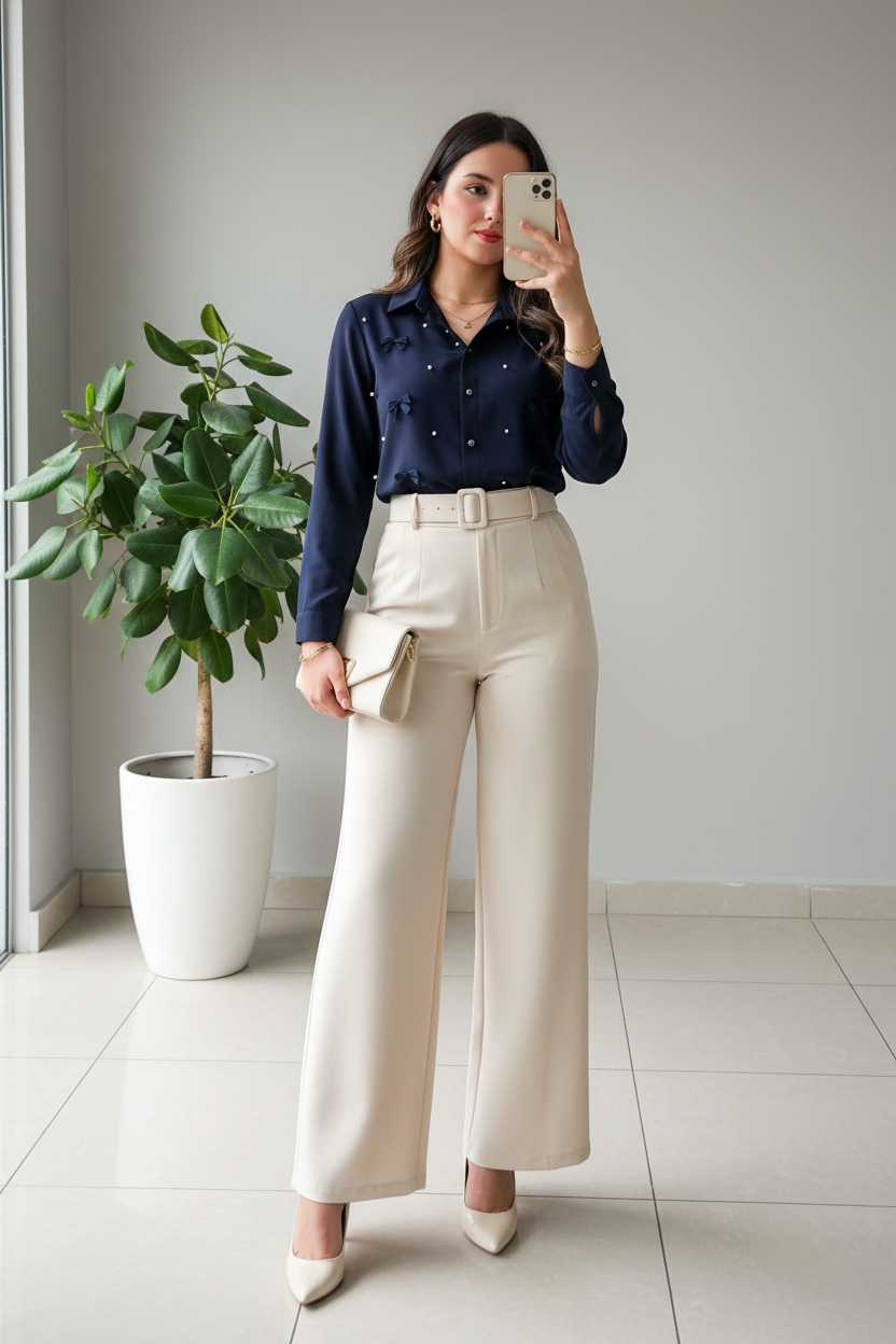 Pantalón Beige Palazzo de Tiro Alto con Cinturón Incluido cod.418