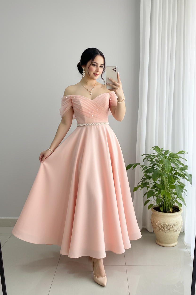 Vestido Rosa Blush Peach Off-Shoulder Manga Tul Perlas Cinturon Falda A-line Tea Length cod.839