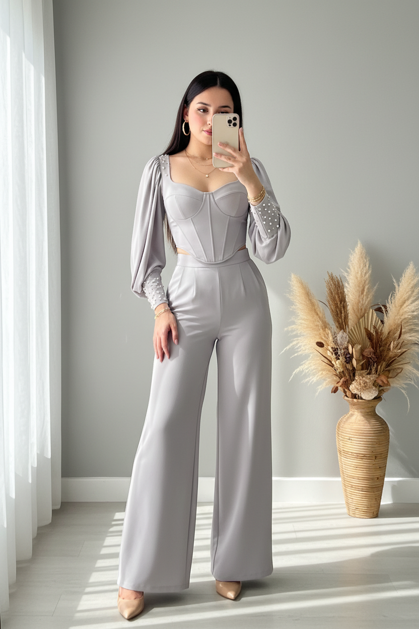 Conjunto Gris Perla Corset + Pantalón Palazzo con Mangas Abullonadas y Perlas cod.C779