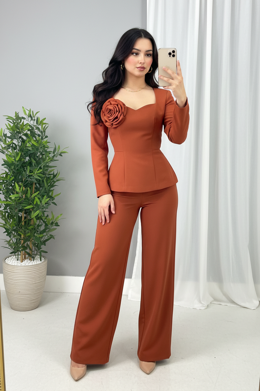 Conjunto Terracota — Blazer Peplum Rosa 3D & Palazzo cod.0035