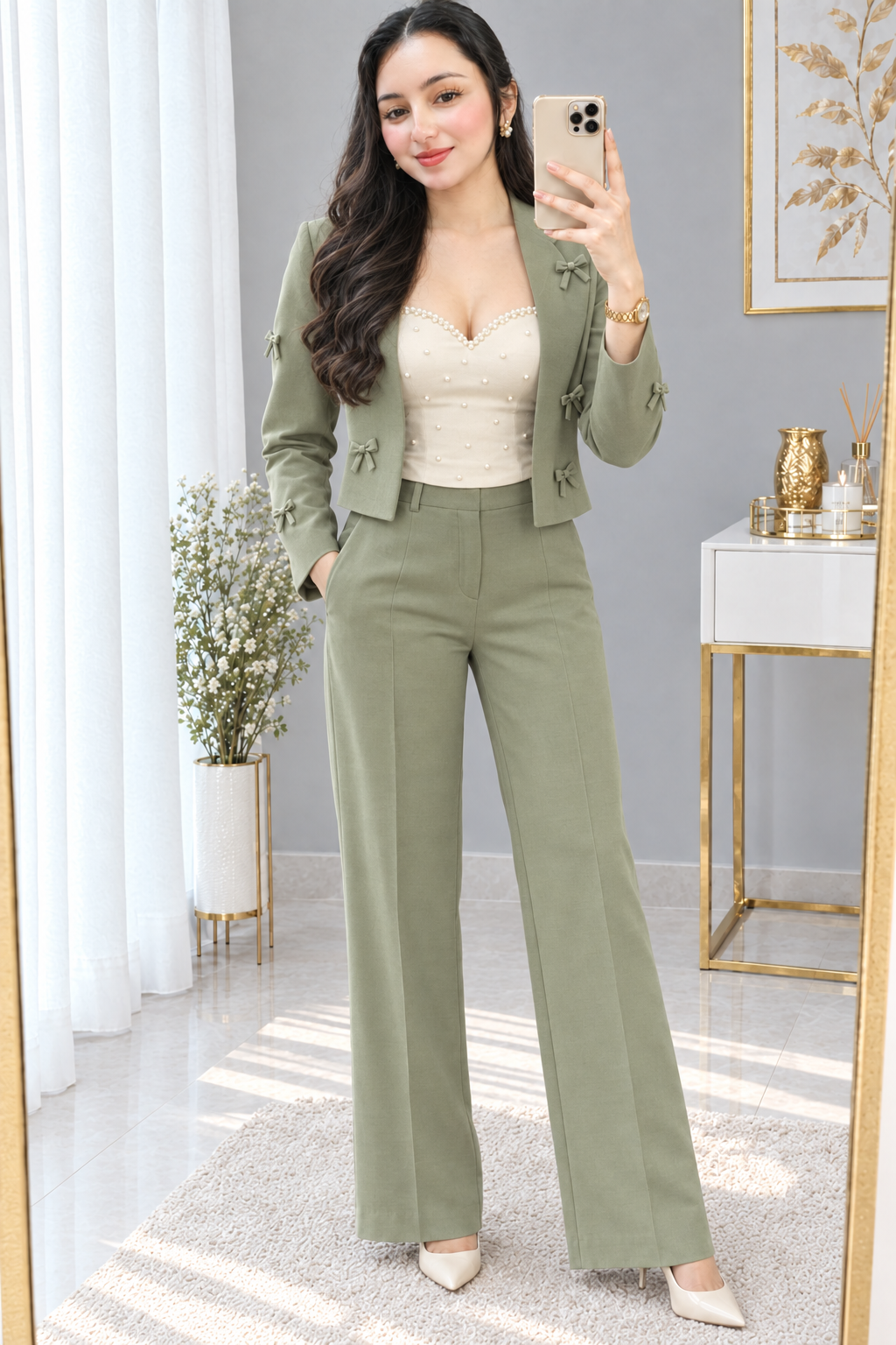 Conjunto verde salvia blazer con lazos 3 piezas , cod. CJ010