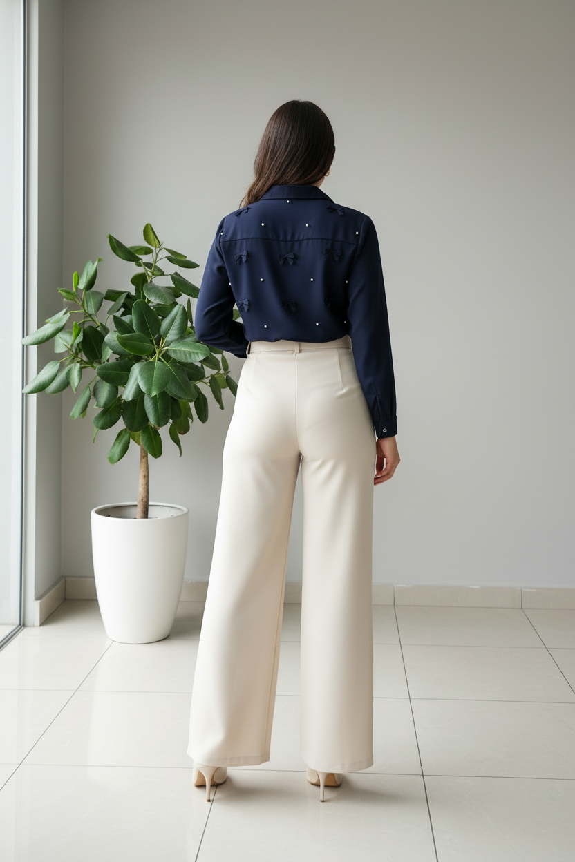 Pantalón Beige Palazzo de Tiro Alto con Cinturón Incluido cod.418