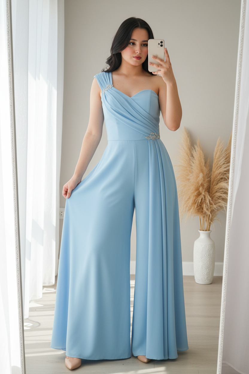 Enterizo Azul Cielo One-Shoulder Palazzo Drapeado Broche Cristales cod.00108