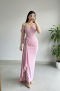 Vestido Formal Rosa Off-Shoulder Corset con Perlas y Lazos cod.505