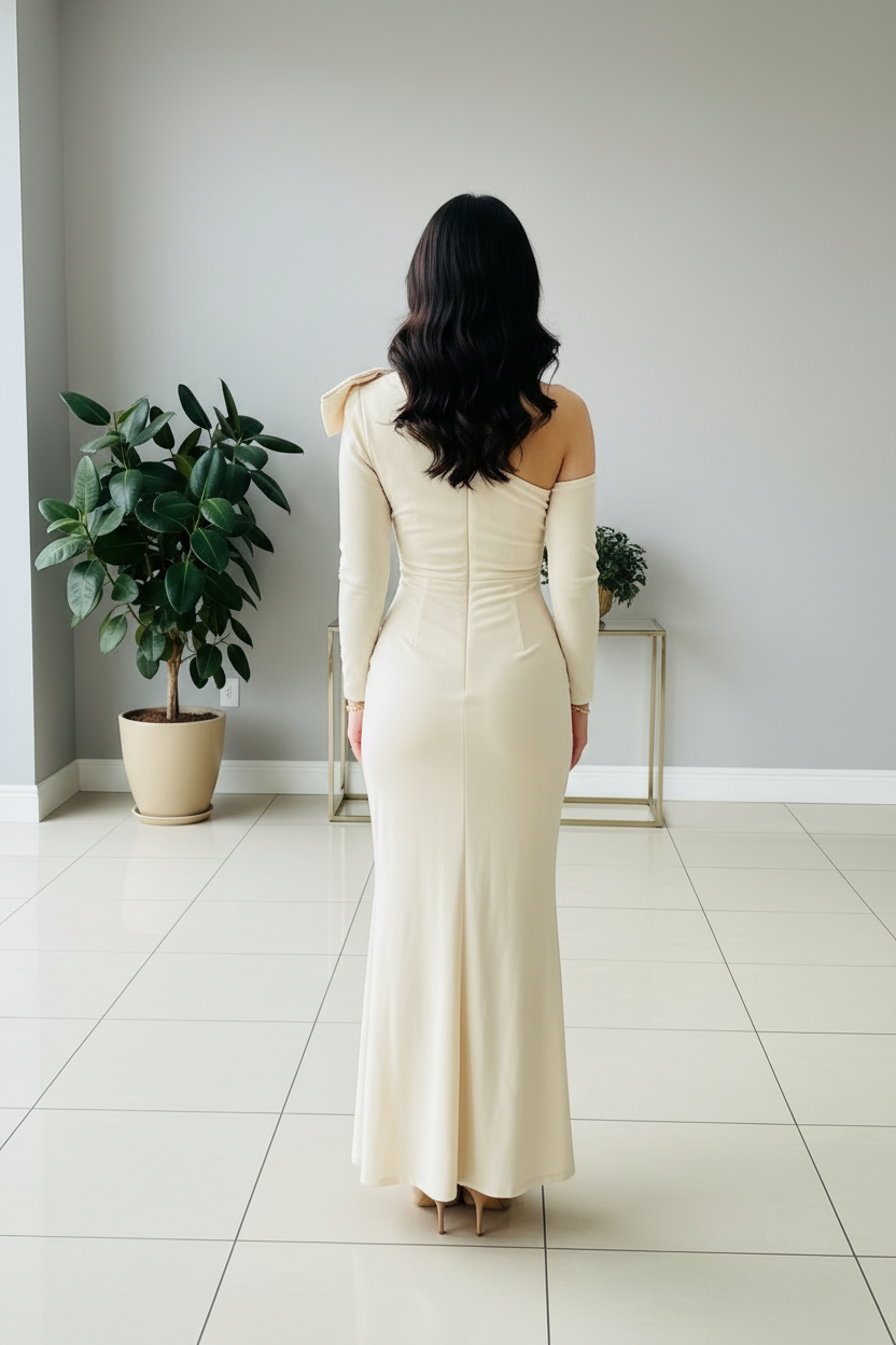 Vestido Elegante Crema con Moño One Shoulder - Manga Larga Sirena Largo cod.360