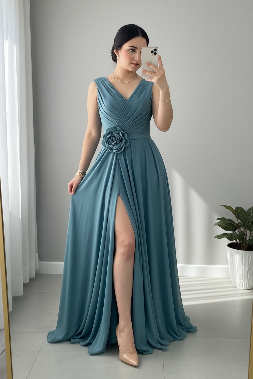 Vestido Largo Azul Acero — Escote V Cruzado, Rosa 3D Cintura & Abertura Frontal cod.886