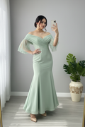 Vestido Sirena Verde Menta Sage Off-Shoulder Manga Tul Perlas Escote Corazón cod.836