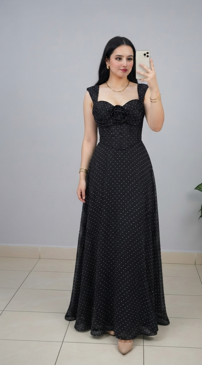 Vestido Maxi Negro con Puntos Dorados y Rosa D3 cod.V855