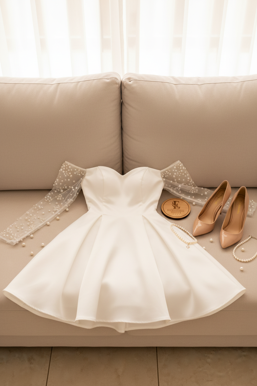 Vestido Corto Blanco Off-Shoulder con Mangas de Tul y Perlas cod.516