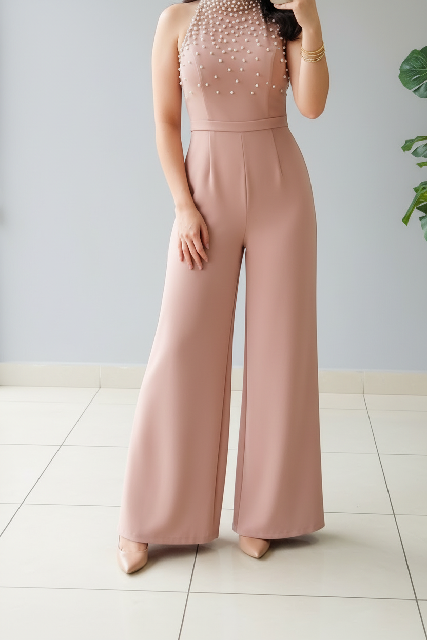 Enterizo Elegante Rosa Palo con Perlas - Cuello Halter y Pantalón Pierna Ancha cod.357