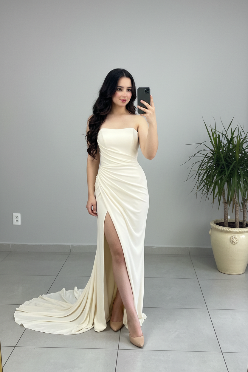 Vestido Marfil Largo Strapless con Drapeado Lateral, Abertura Frontal y Cola cod.490