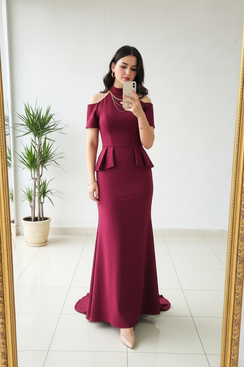 Vestido Sirena Borgoña Mock Neck Cold Shoulder con Peplum Doble cod.432