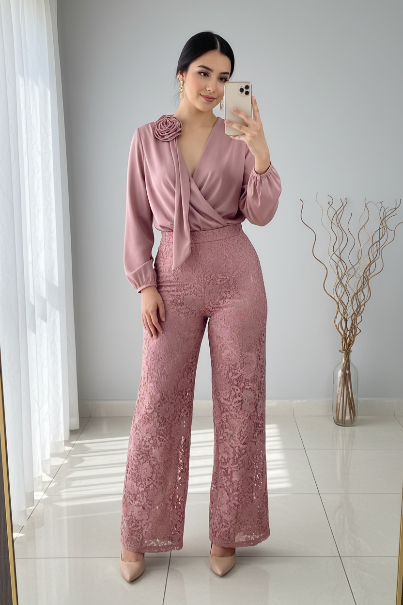 Conjunto Rosa Palo Top Cruzado Manga Globo Rosa 3D Palazzo Encaje C321