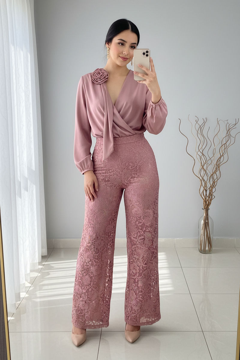 Conjunto Rosa Palo Top Cruzado Manga Globo Rosa 3D Palazzo Encaje C321