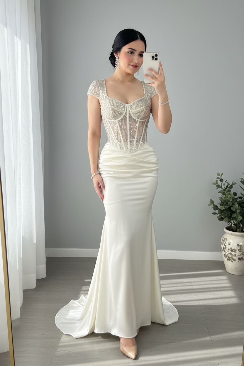 Vestido Sirena Blanco Marfil — Corset Transparente Perlas & Cola cod.881