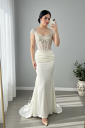 Vestido Sirena Blanco Marfil — Corset Transparente Perlas & Cola cod.881
