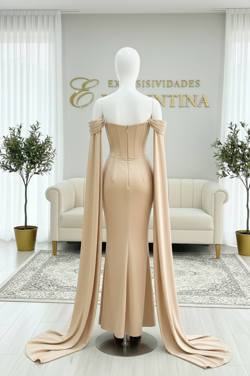 Vestido de Gala Champagne — Corset Off-Shoulder con Capa cod.V619