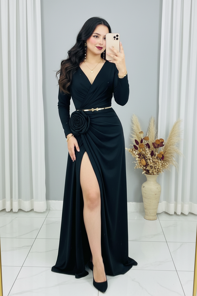 Vestido Negro Rosa 3D Dorado cod.V307