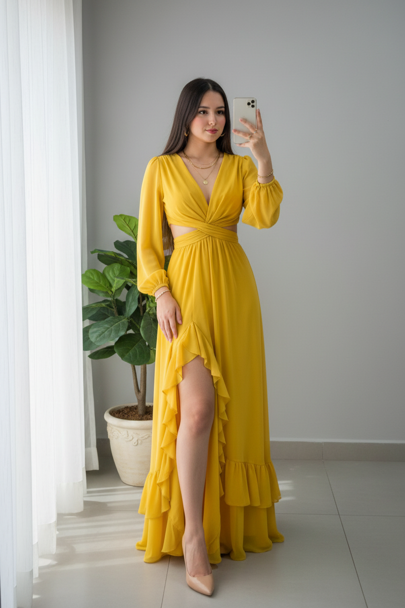 Vestido Amarillo Mostaza Maxi con Volantes cod.948
