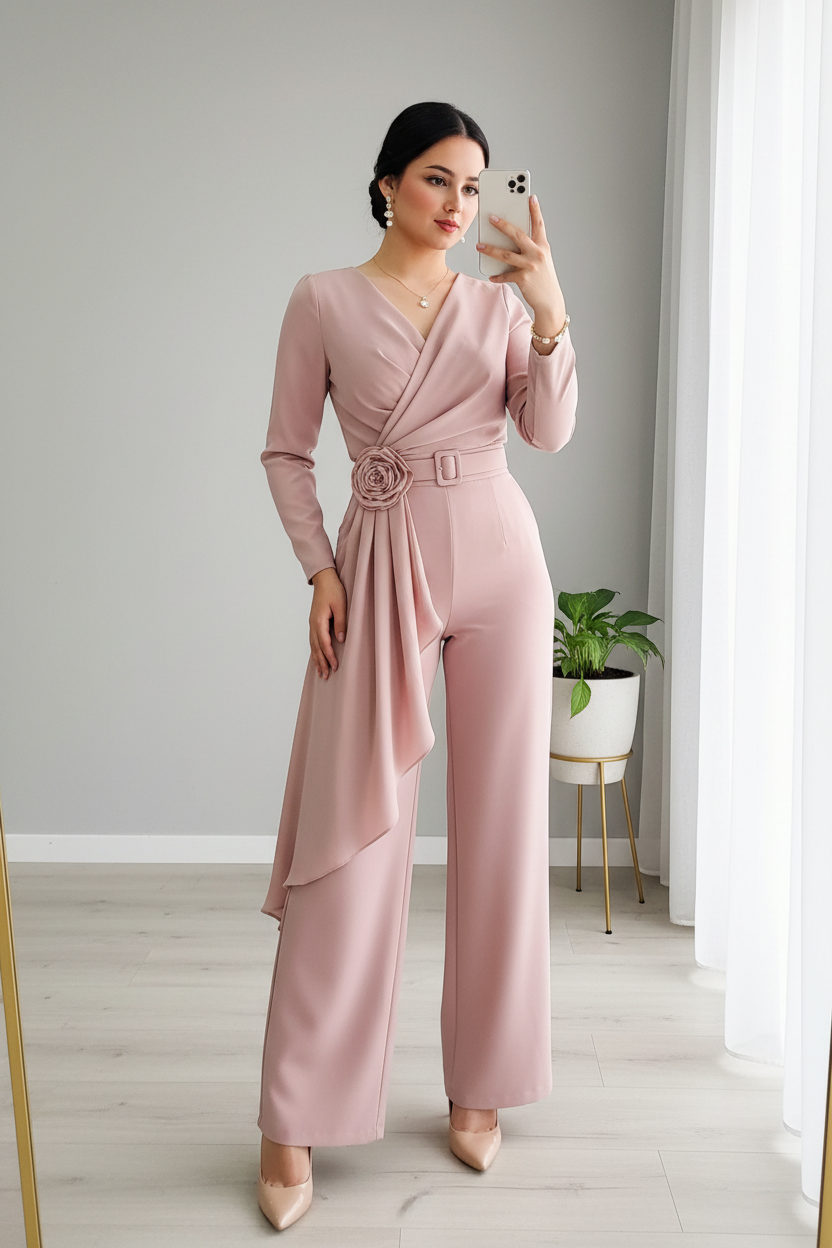 Jumpsuit Rosa Palo — Escote V, Rosa 3D & Caída Asimétrica cod.875