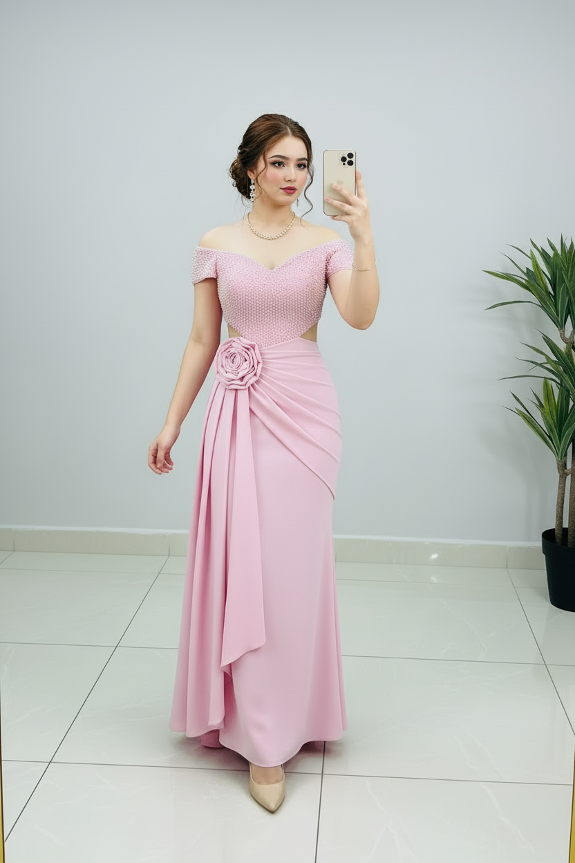 Vestido Formal Rosa Off-Shoulder Corset de Perlas con Rosa 3D y Falda Drapeada cod.531