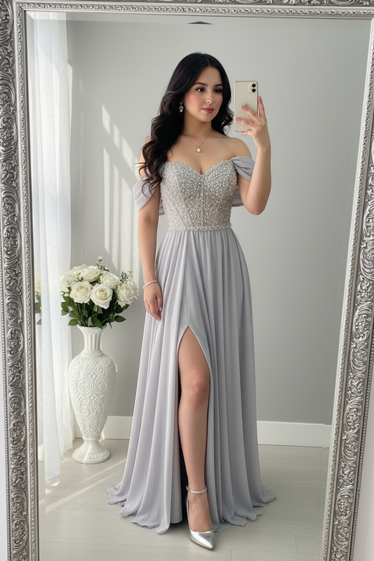 Gown Plata Corset Cristales cod.V737