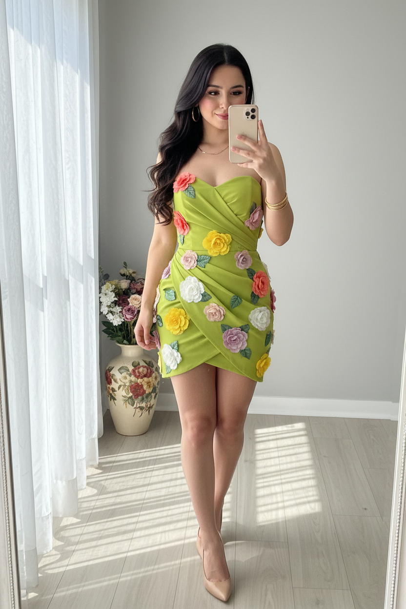 Vestido Verde Lima Flores 3D Multicolor Mini cod.755