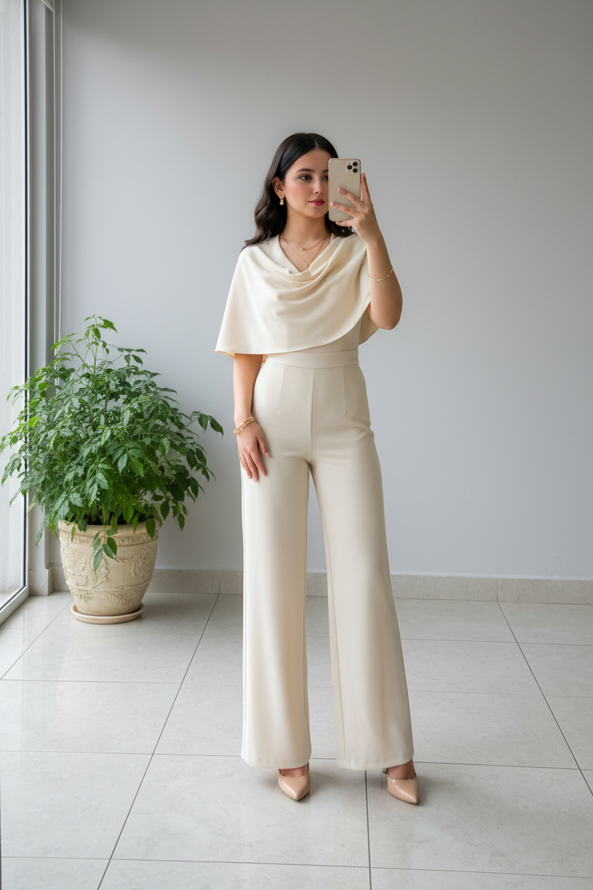 Enterizo Elegante Marfil con Capa  - Sofisticado cod.319