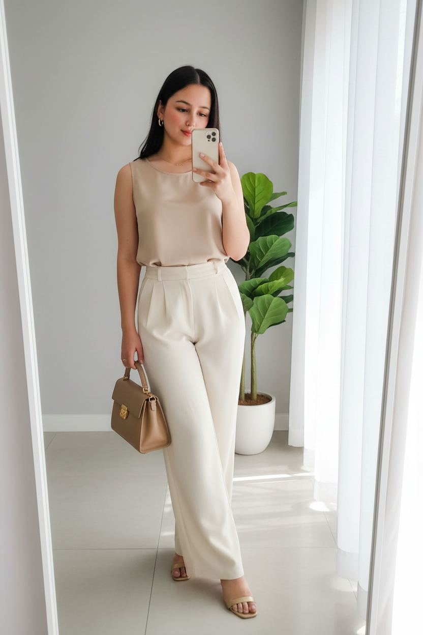 Conjunto Top Satinado Beige Sin Mangas y Pantalón Palazzo Crema Tiro Alto cod.767