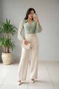 Conjunto Verde Menta y Crema: Blazer con Organza y Pantalón Palazzo cod.419