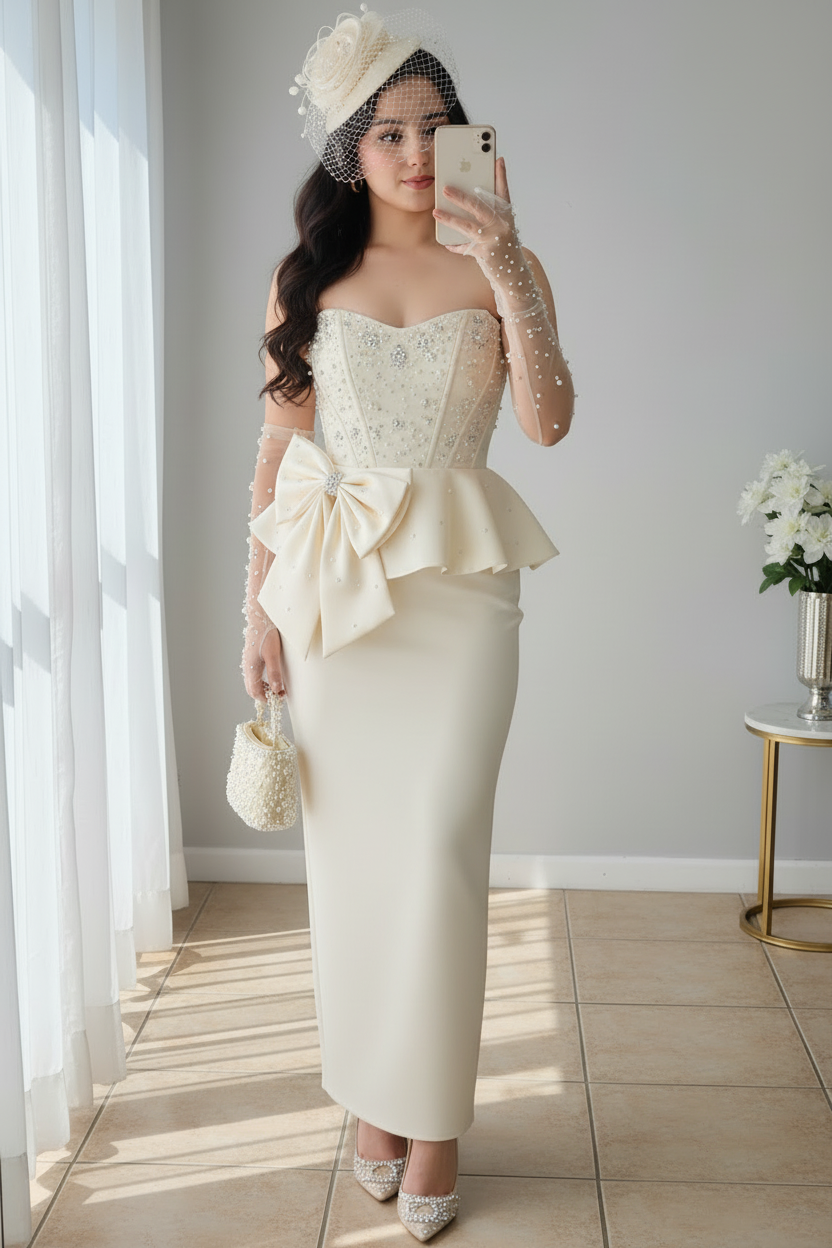 Conjunto Nupcial Ivory Corset Perlas Peplum Lazo y Falda Lápiz cod.C0032