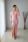 Vestido Rosado Off-Shoulder Manga Larga Drapeado cod.V346