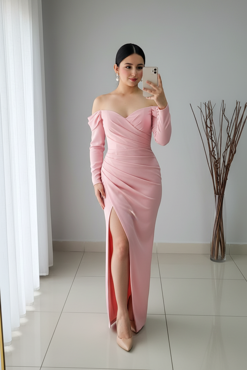 Vestido Rosado Off-Shoulder Manga Larga Drapeado cod.V346