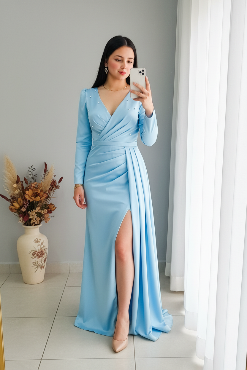 Vestido Azul Cielo con Perlas V356